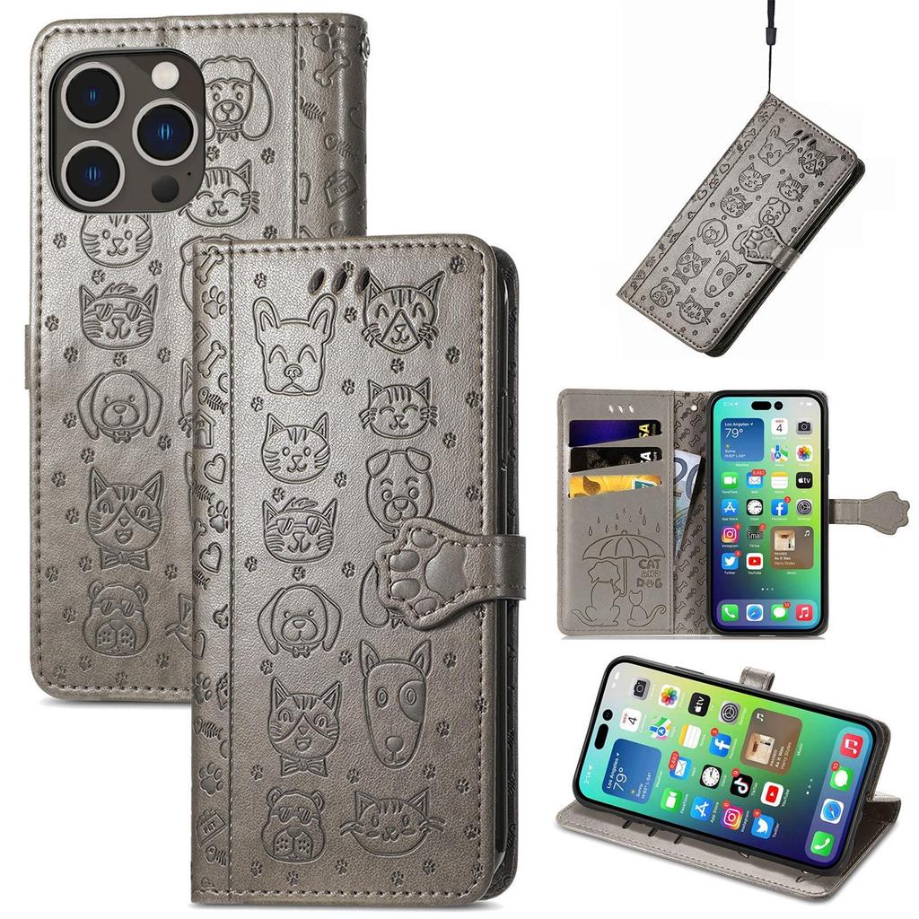 iPhone 16 Flip Leather Case - PU Embossed Cat Dog Design - Compatible with Apple 15