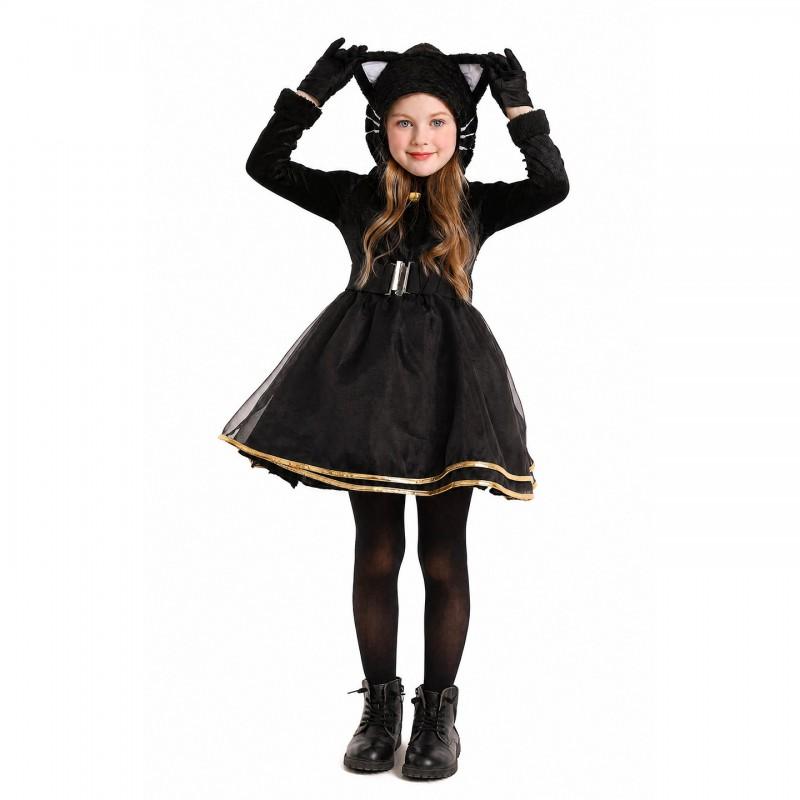 Black Cat Themed Girls Costume Dress With Ears Tail Halloween Party Performance