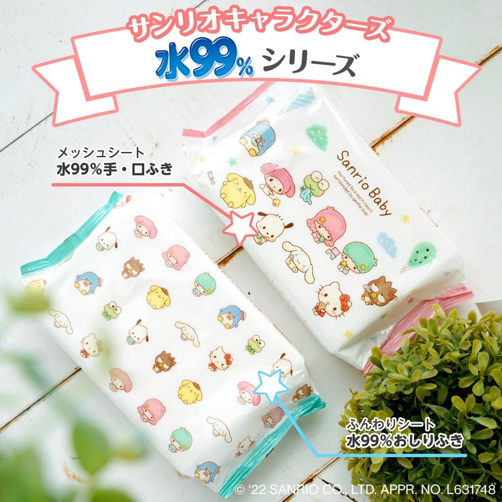 Sanrio Влажные салфетки для рук с чистой водой 60 шт. x 16 упаковок Сделано в Японии 99% салфеток, Тип, (960 салфеток),