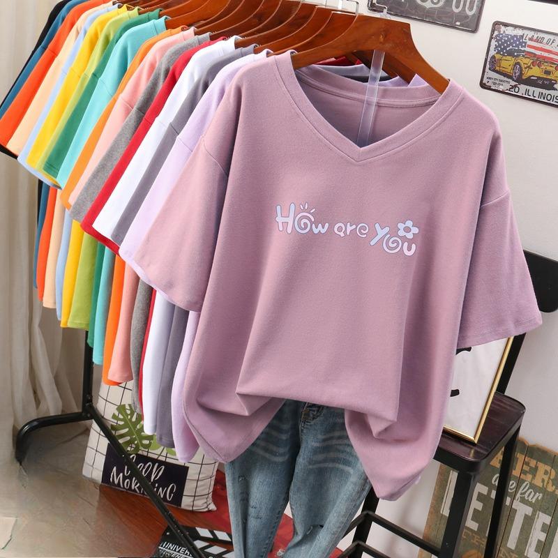 Футболка с коротким рукавом, Свободного кроя, Приталенный топ с V-образным вырезом с принтом для женщин