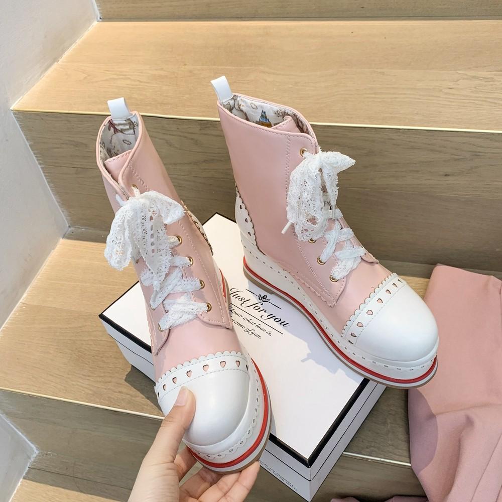 Lolita Style Sweet Girls Shoes Lace Up Platform Hidden Heels Wedges Princess Shoes Women Brock Ankle Boots Pink Plus Size 34-48