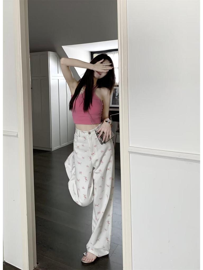 Женские джинсы с высокой талией и широкими штанинами, цветочные мотивы - лето 2024 г., свободный крой, большой размер