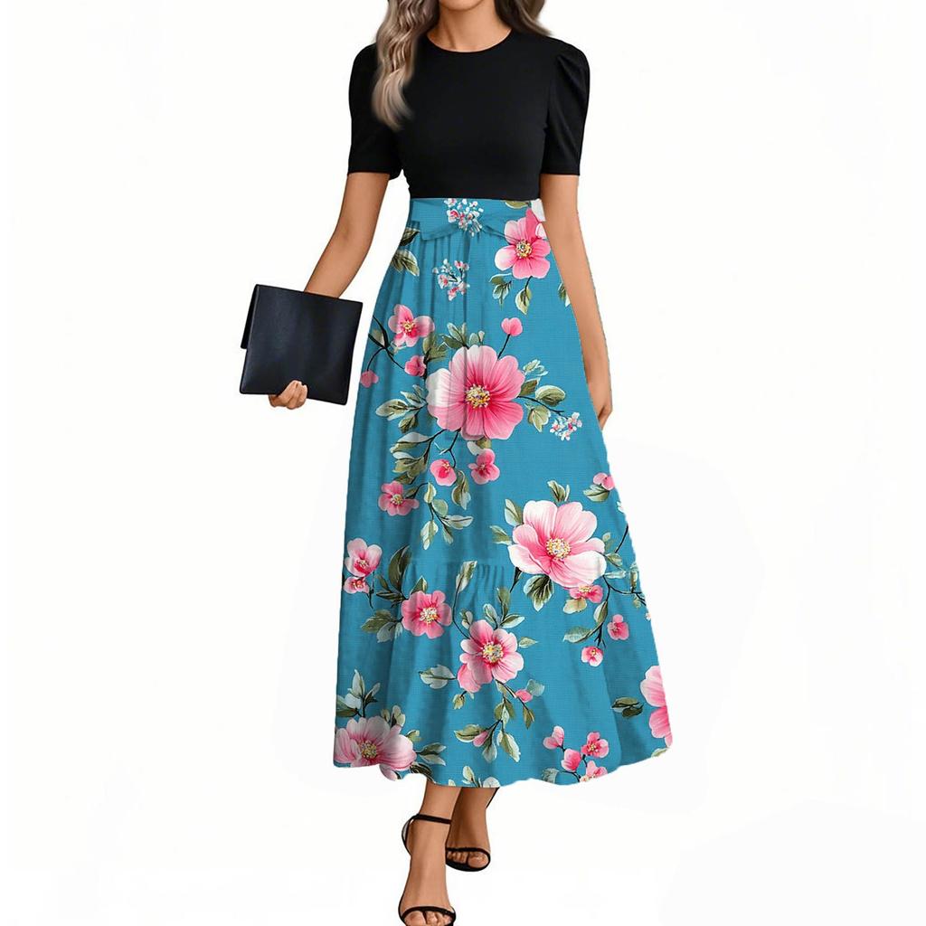 Женское элегантное модное повседневное платье с цветочным принтом и поясом, короткими рукавами и круглым вырезом