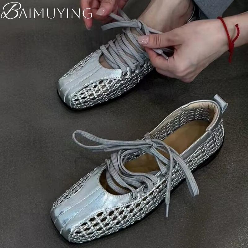 Lace-Up Flats Ballet Shoes Square Toe Weave Women Sandals Sport Casual Sneaker 2025 Trend Summer Shallow Soft Leather Sandalias