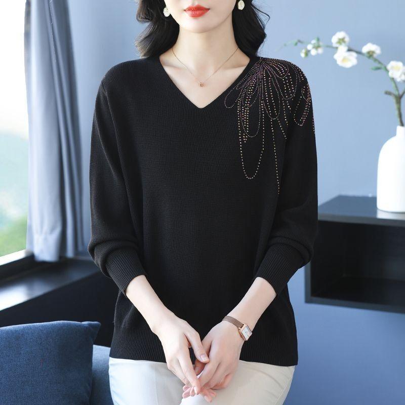 Spring Autumn Women's V-Neck Knitted Sweater Loose Solid Pullover Knitwear Thin Rhinestone Knit Top