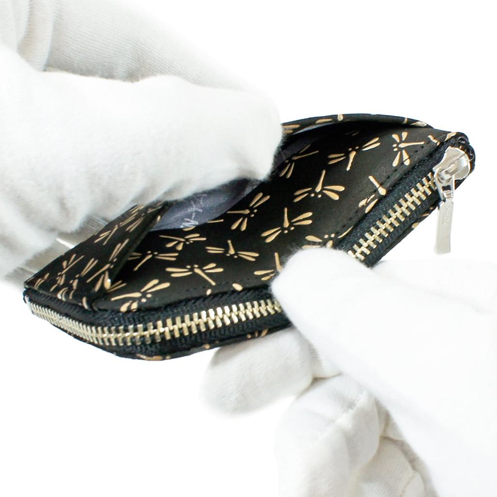 Indenya Inden Coin Purse F Coin Purse 05 Deerskin Black with White Lacquer Dragonfly Pattern 1005-11-008