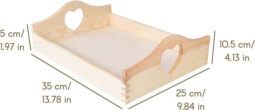 Plateau en Bois - Creative Deco - Rectangulaire - 35 x 25 x 10,5 cm - Poignées Cœur - Beige