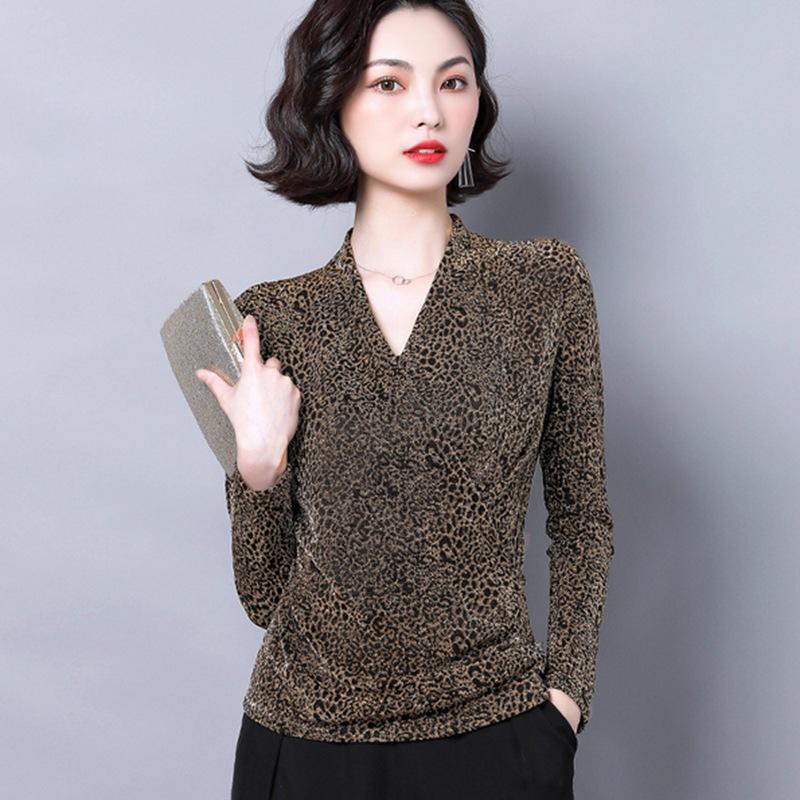 Женская верхняя осенняя новая мода иностранная рубашка с V-образным вырезом и длинными рукавами с леопардовым принтом