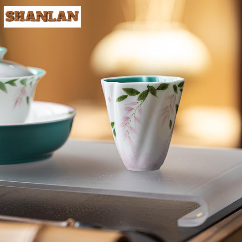 2pc/lot Hand-painted Wisteria Flower Teacup Luxury Tea Bowl Tea Pair Tea-tasting Meditation Cup Chazhan Master Cups Cafes 75ml