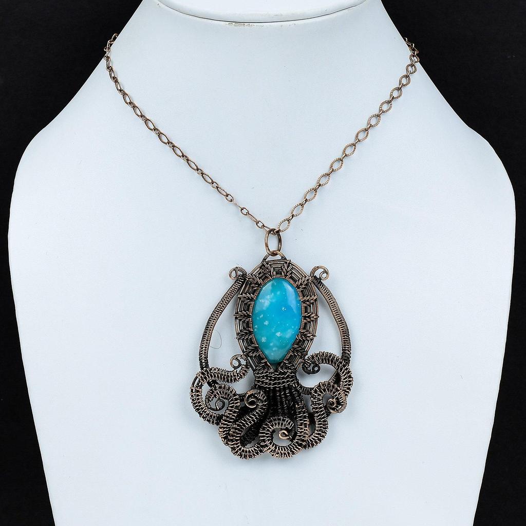 Смитсонитовый медный кулон, медная проволока, обернутая кулоном, ювелирные изделия из драгоценных камней, кулон в виде осьминога, кулон ручной работы, медная проволока, ювелирное изделие, подарок для женщин