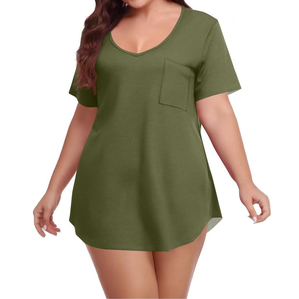 Women's Solid Color Large Size V-neck Top Loose Pocket T-shirt