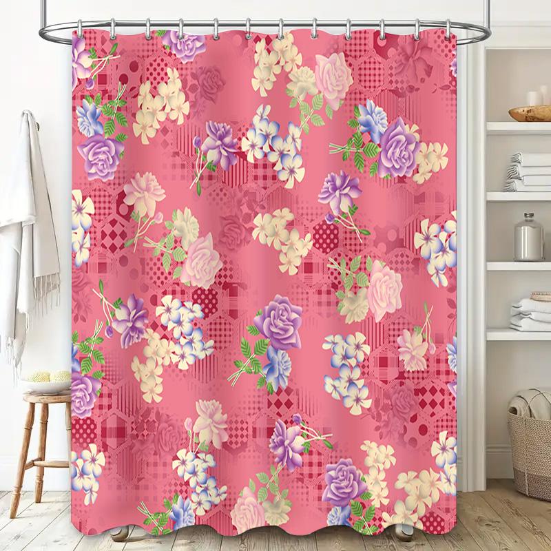 Pink Bath Shower Curtain with Floral Print Modern Home Decor for Bathroom Accessories Decoration Set 72 X 84 Inches, Pink Purple
