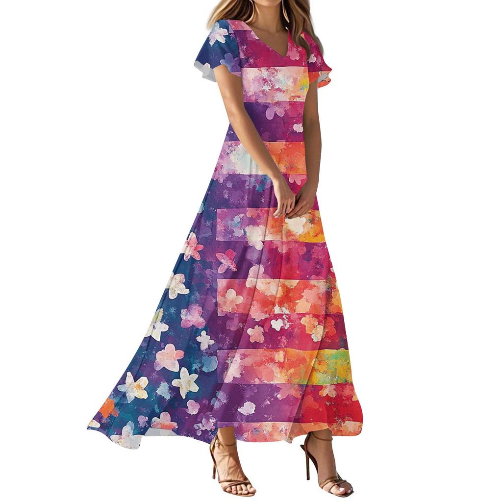 Женские повседневные модные платья с принтом ко Дню независимости, платья с коротким рукавом и V-образным вырезом