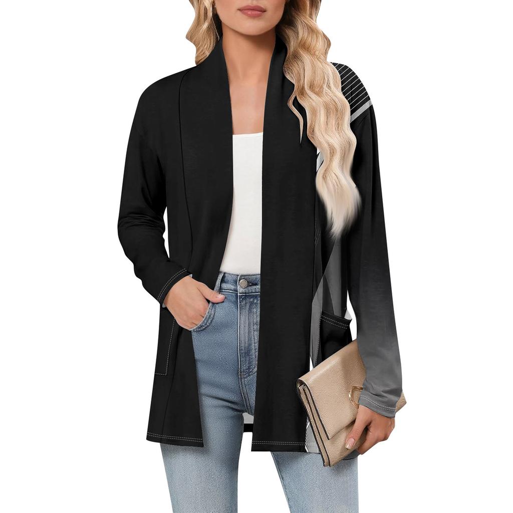 Женский кардиган с длинным рукавом, V-образным вырезом, модная рубашка с принтом, легкий, повседневный, свободный, тонкий кардиган с карманами