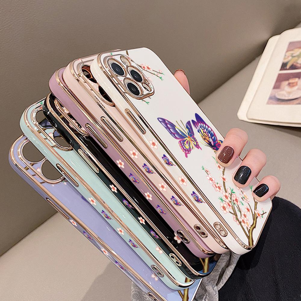 Чехол для телефона с 6D покрытием и бабочкой для iPhone 11 12 13 14 Pro Max XR XS Samsung S23 S20 S21 A51 A52 A12 A30S Plus 5G Xiaomi Redmi VIVO Мягкий чехол из ТПУ