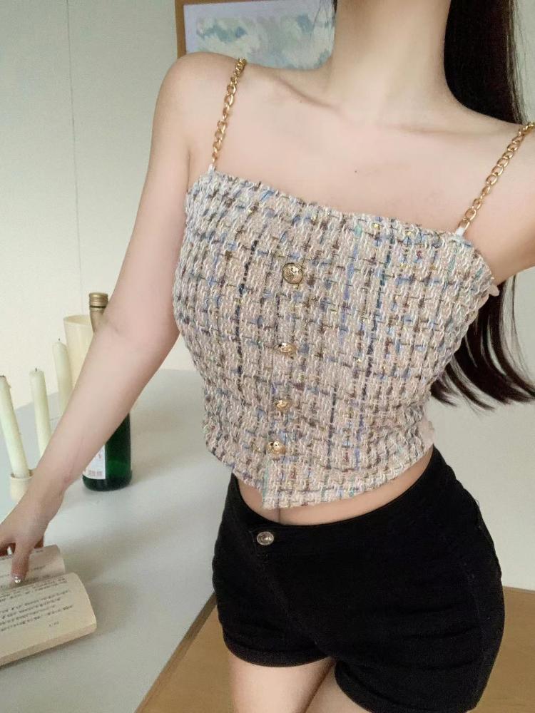 Plaid Tank Top Solid Metal Chain Halter Crop Tops Women Summer Camis Backless Camisole Fashion Casual Tube Female Sleeveless Cropped Vest Y2K