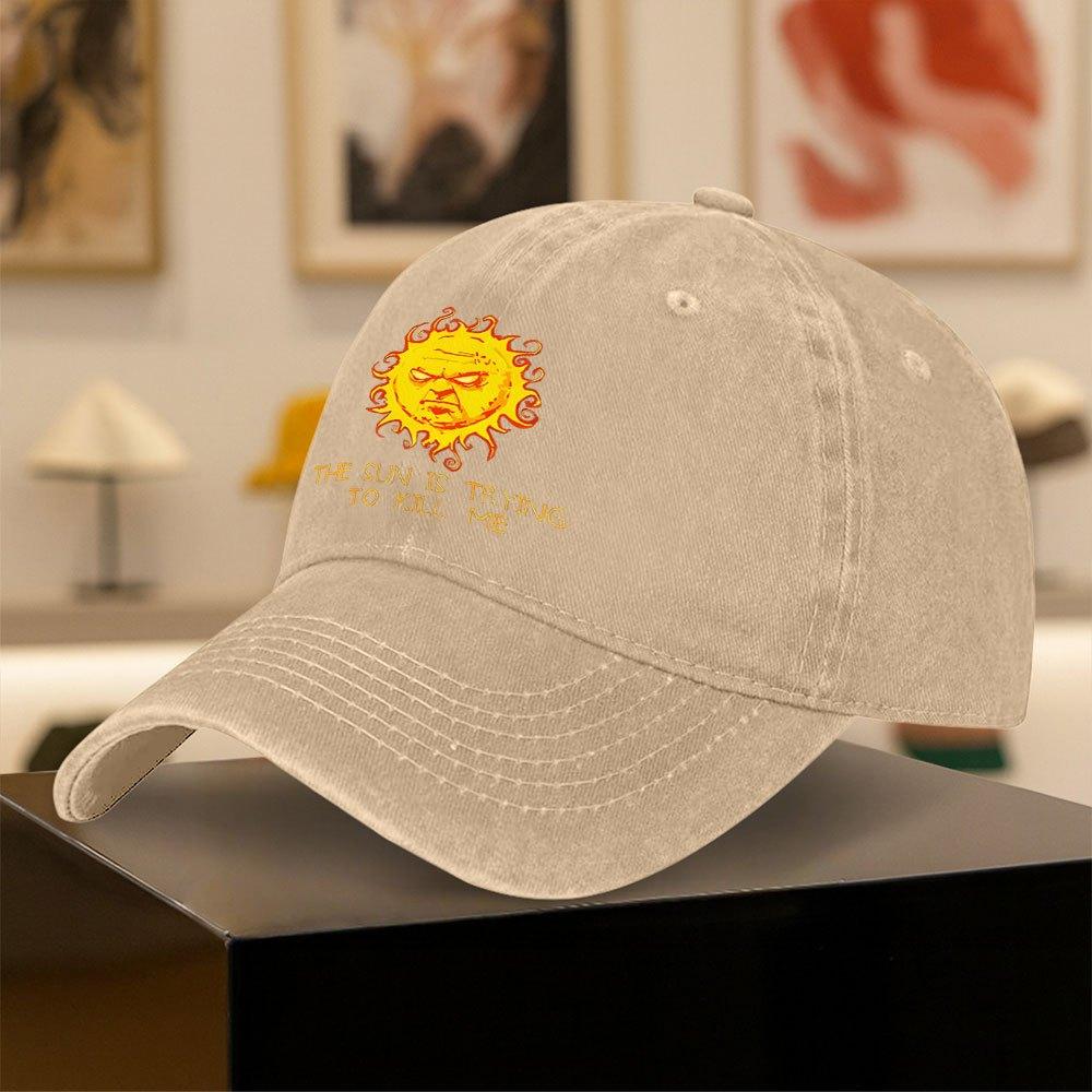 Vintage Washed Distressed Baseball Cap with Retro Sun The Sun is Trying to Kill Me Print Lightweight Unisex Adjustable Sna