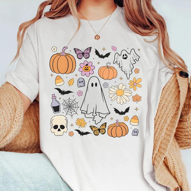 Ghost Print Tshirt Halloween Tshirt Short Sleeve Crew Neck Leisure Tshirt For Spring Summer Womens Clothing