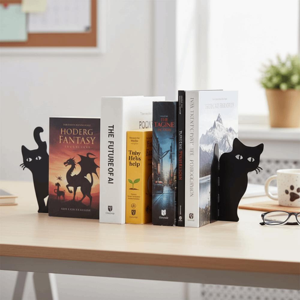 Black Metal Cat Bookend Versatile Book Holder Special Metal Bookend Study Decor