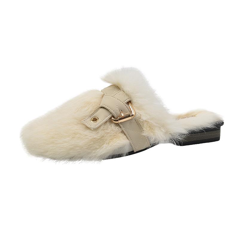 Зимние Новые Тапочки Баотоу Женские Круглый Носок Плюшевые Глубокий Вырез Заклепки Мягкая Подошва Противоскользящие Износостойкие Плоские Туфли