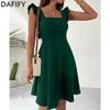 Women's Fashion Summer Spring Solid Color Print Sleeveless Square Collar High Waist Casual Dresses
