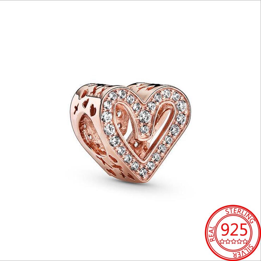 Classic 925 Silver Rose Gold Heart&Ball&Lucky Bead Charm Fit Bracelet DIY Jewelry