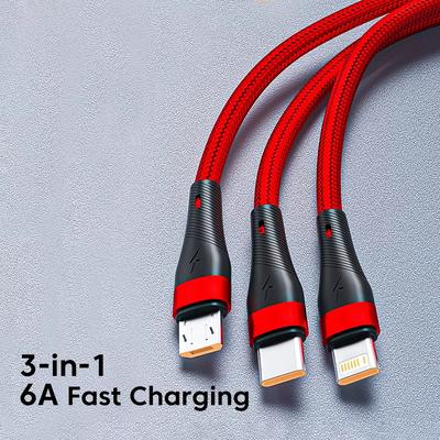 3 в 1 шнур для быстрой зарядки 1,2 м для iPhone 14 Samsung Xiaomi 100 Вт 6 А кабель для передачи данных Micro USB Type-C провод для зарядки USBC