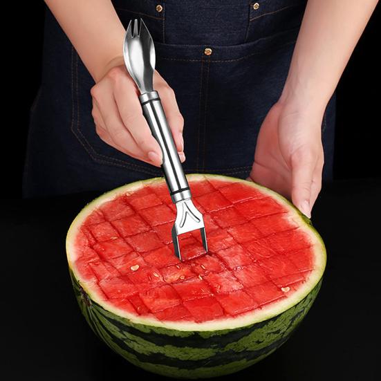 1/2Pcs Watermelon Fork Slicer Stainless Steel 2 In 1 Cutter Round Fork Head Portable Kitchen Fruit Cutting Fork for Watermelon Chunks Cake Bread Pizza
