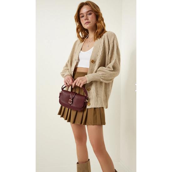 Kadın Krem Örgülü Balon Kollu Salaş Triko Hırka Standart Beden