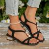 Сандалии с квадратным носком и низким каблуком 2025 Лето Новинка Большой размер Толстый каблук Стразы Эластичная лента Сандалии с открытым носком для женщин