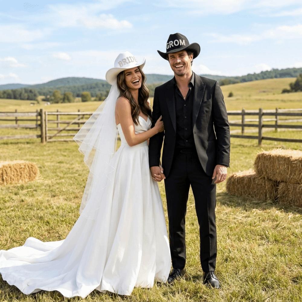 Romantic Groom Cowboy Hat Wide Brim Cowboy Pearl Bride Hat Bride Cowgirl Hat Engagement Decor