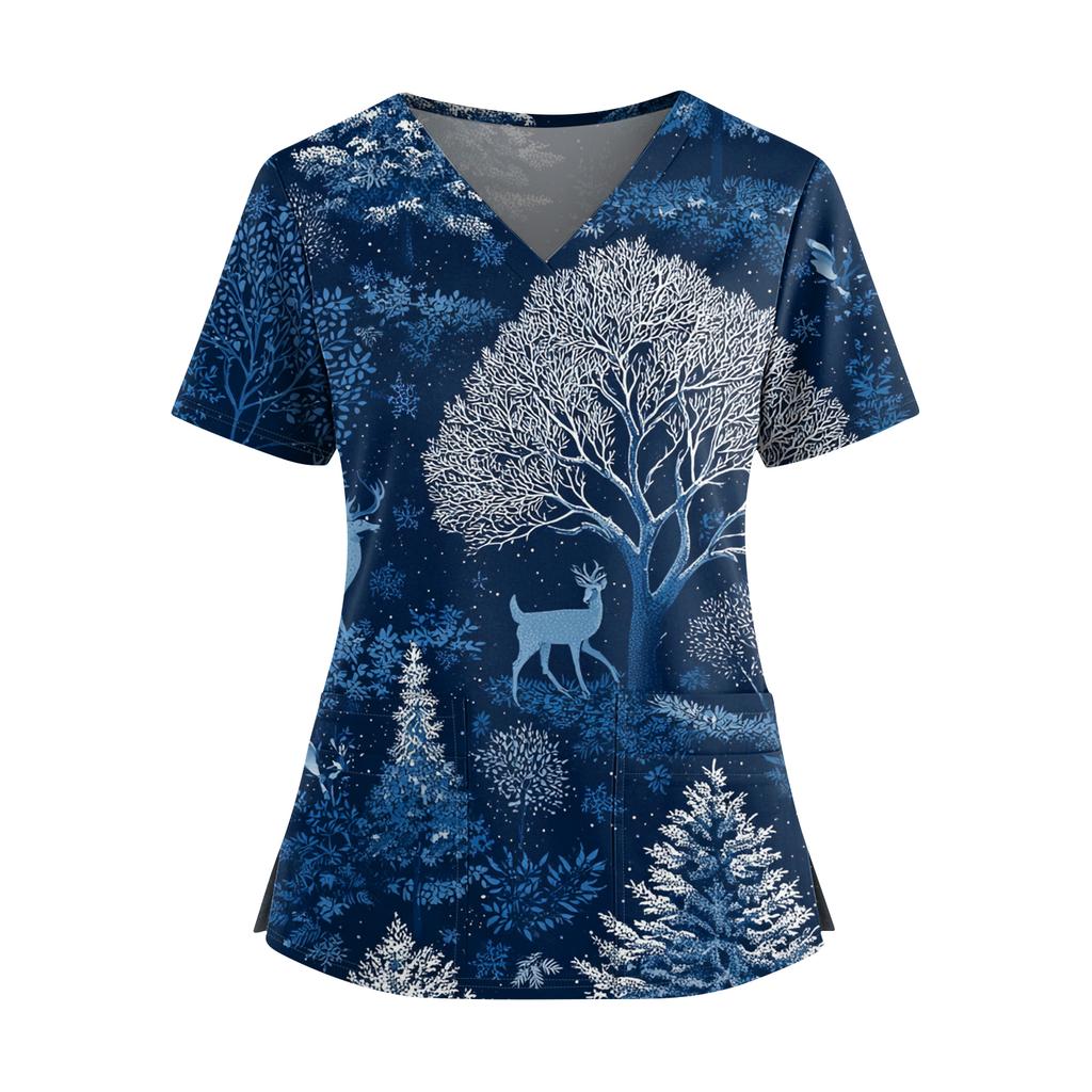 Женский топ с рождественским принтом, V-образным вырезом, двумя карманами, короткими рукавами, разрезом по подолу, униформа и одежда для ухода