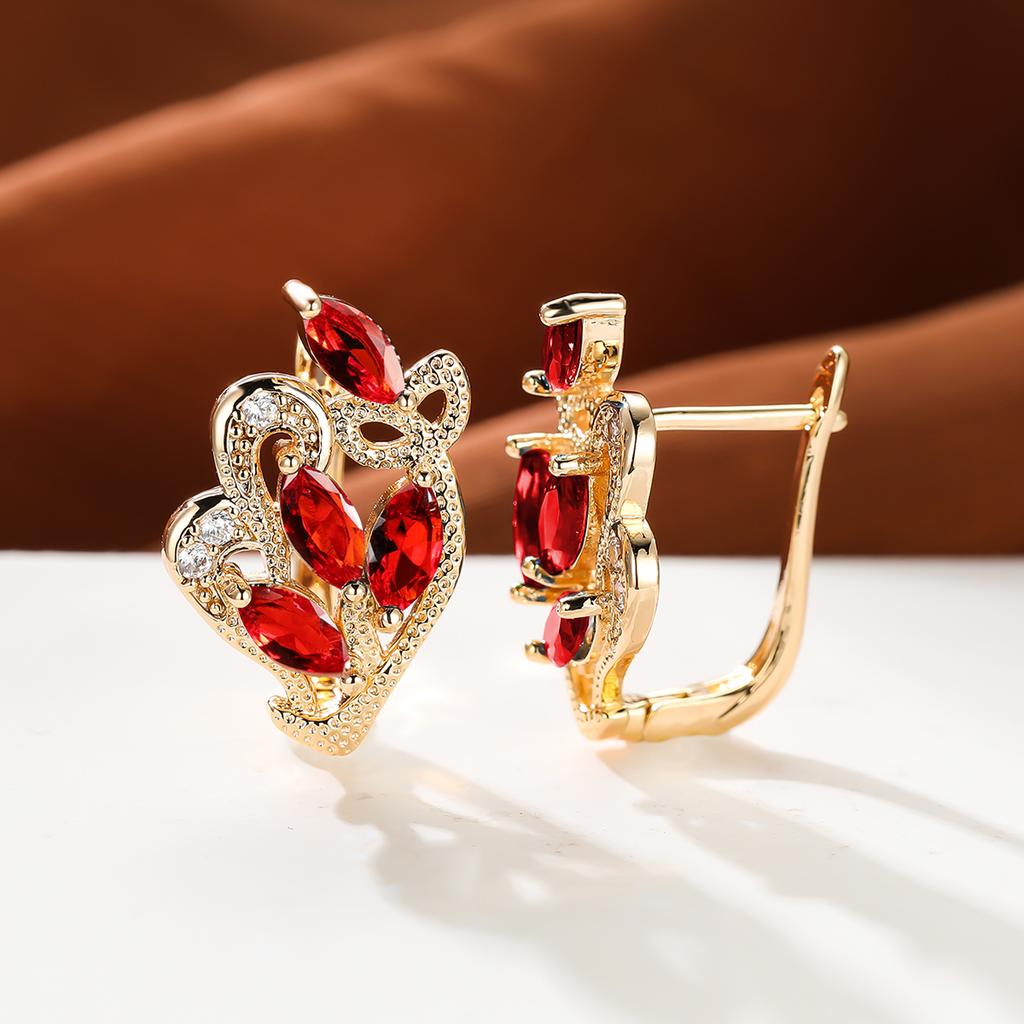 1 пара серег золотого цвета с радужным камнем и цветочным узором в виде листьев, красные, желтые, синие, зеленые, висячие полые серьги с камнями