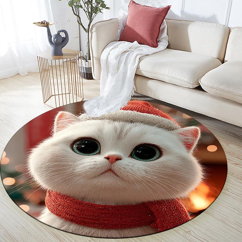 Cat in Santa Hat Round Area Rug,Carpet Rug for Living Room Bedroom Sofa Playroom Decor,Non-slip Floor Mat