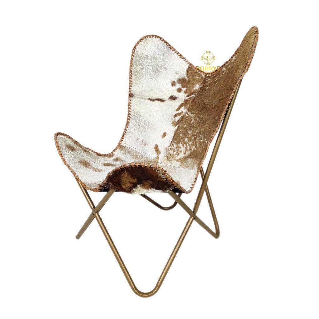 Открывающееся кожаное кресло-бабочка из козьей шерсти - коричневое и белое кресло для гостиной