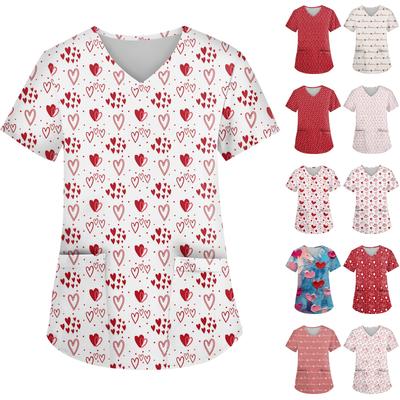 Женский топ с V-образным вырезом, принтом ко Дню святого Валентина, короткими рукавами, карманами и боковыми разрезами, подходит для лиц, осуществляющих уход.