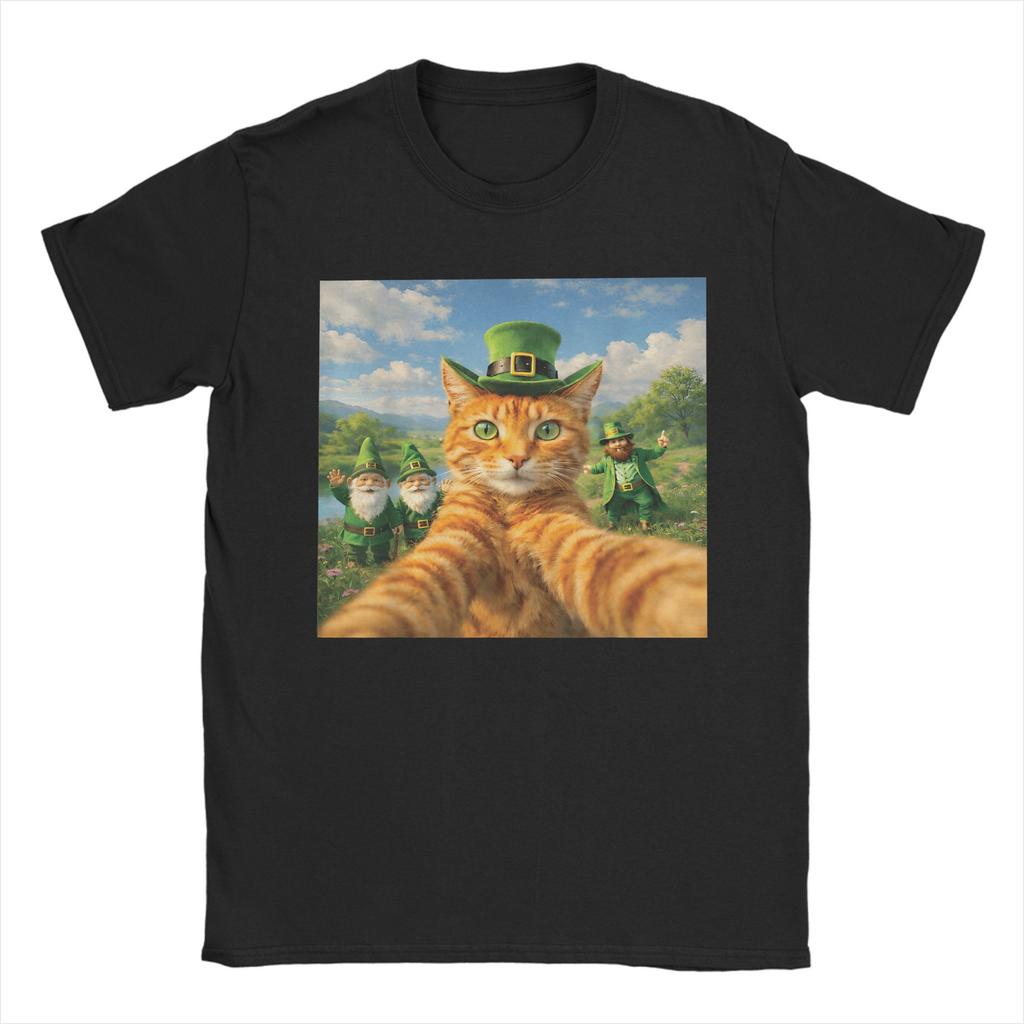 St Patricks Day Cat Selfie with Leprechaun Funny Photo T Shirt Beach Cotton T Shirts For Unisex Harajuku Casual Tee Shirt