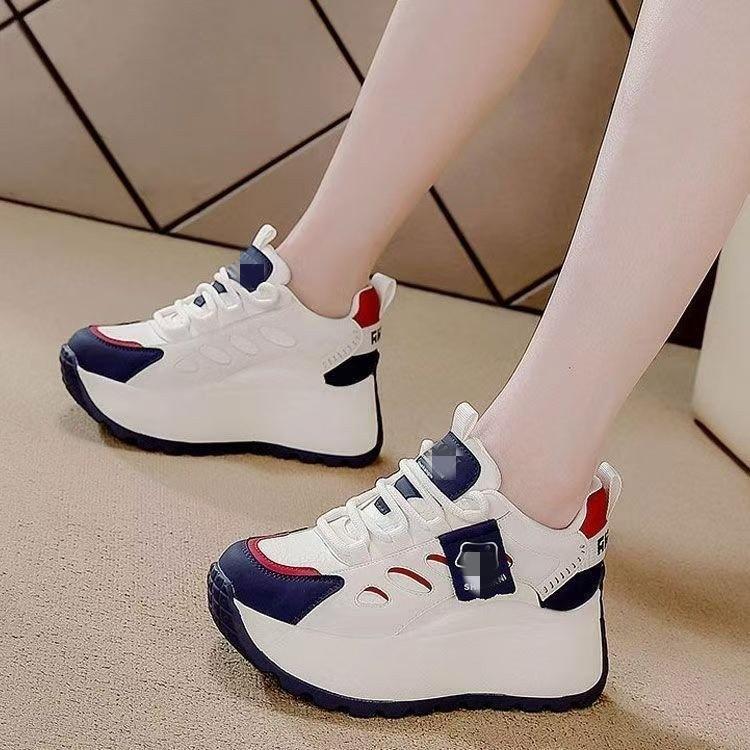 7CM Heightening Color Matching Platform Dad Shoes for Women 2025 Autumn New Fashion Versatile Lace-up Soft Leather Casual Shoes for Women