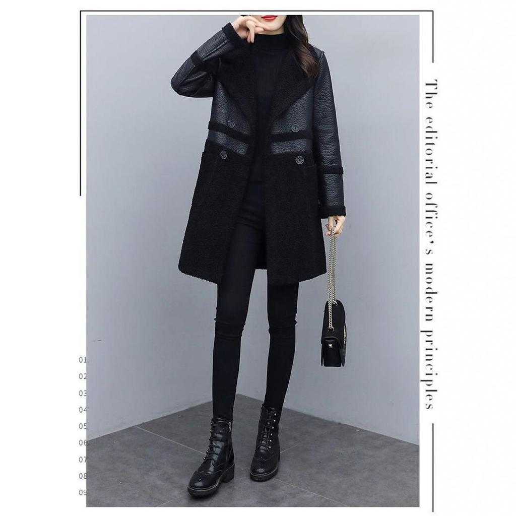 Vintage-Style Women's Mid-Length Leather & Fur Coat - Double-Sided, Fleece-Lined, Spliced Design