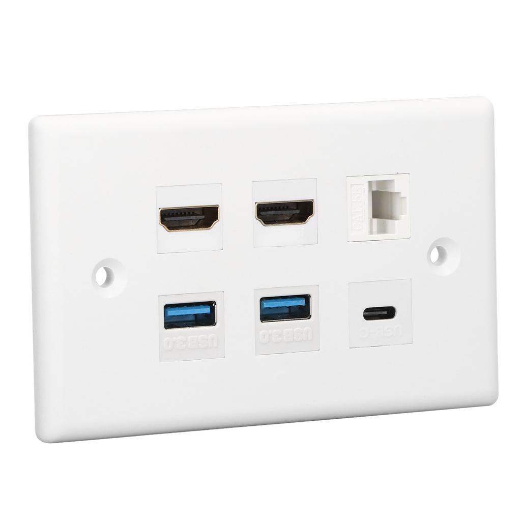 6 Port Wall Plate 2xHD Multimedia Interface 2xUSB3.0 1xType C 1xCat6 Ethernet Wall Plate for TV Projector Computer