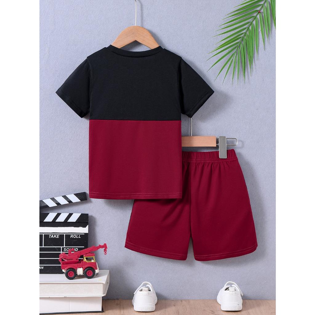 Directional Hot-Selling Boys' Patchwork Color Letter Print Loose Short-Sleeved Shorts Suit Casual Style