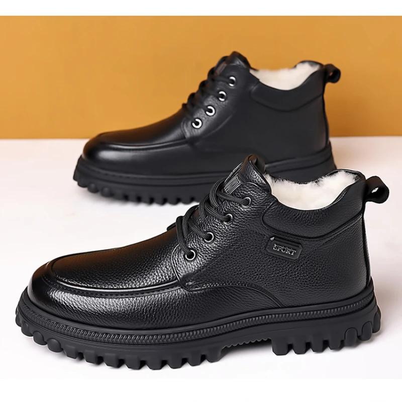 Winter Shoes Men Ankle Boots Fashion Brand Male Footwear Genuine Leather Warm Plush Flat Non-slip Pure Black