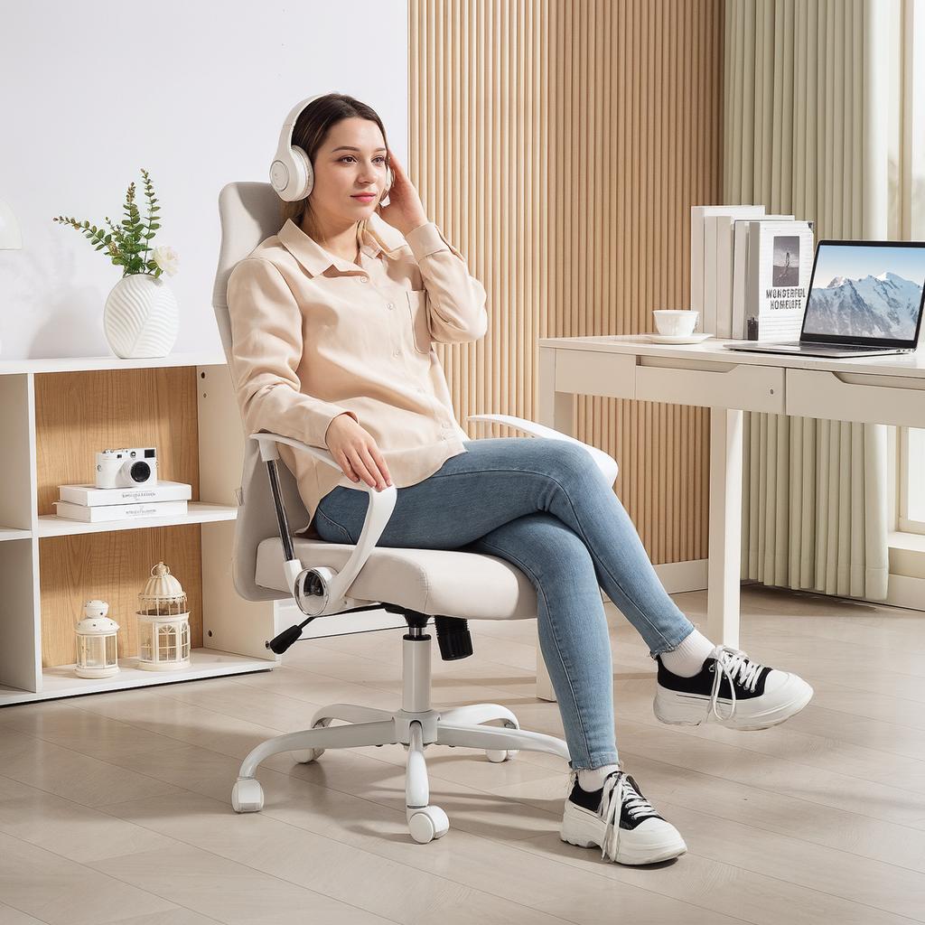 Fabric High Back Office Chair - Cream White