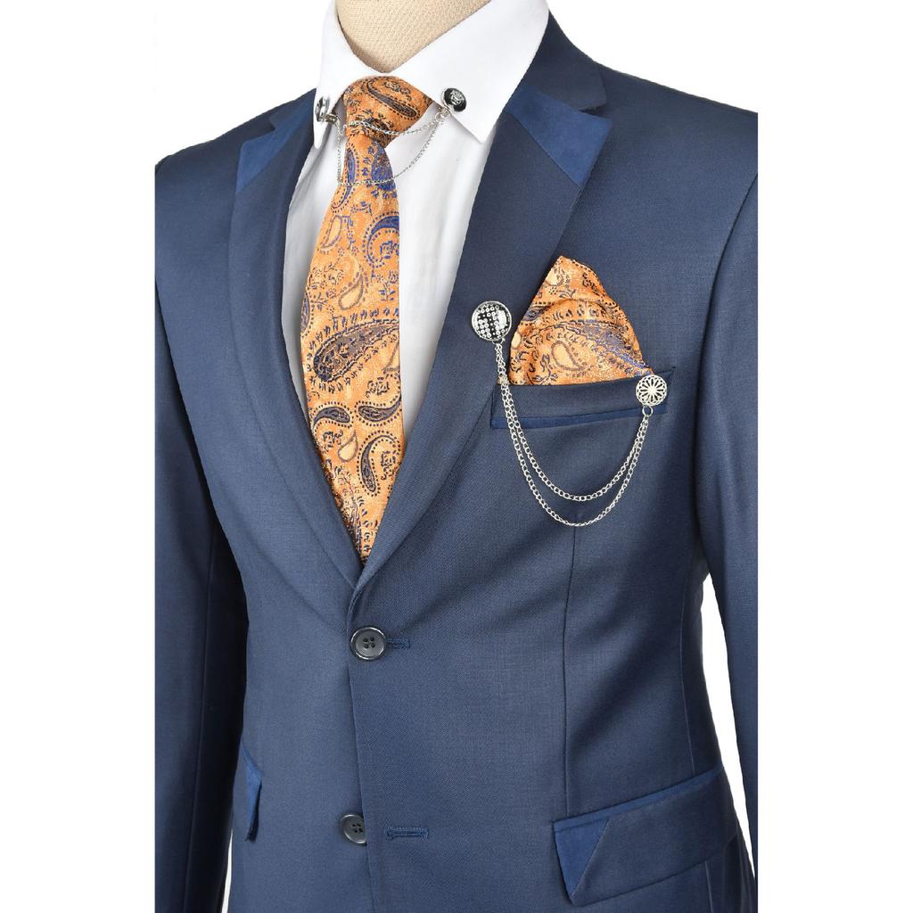 Men's Dark Navy Blue Pocket Piping Plain Fabric Double Slit 2 Piece Suit 0230300