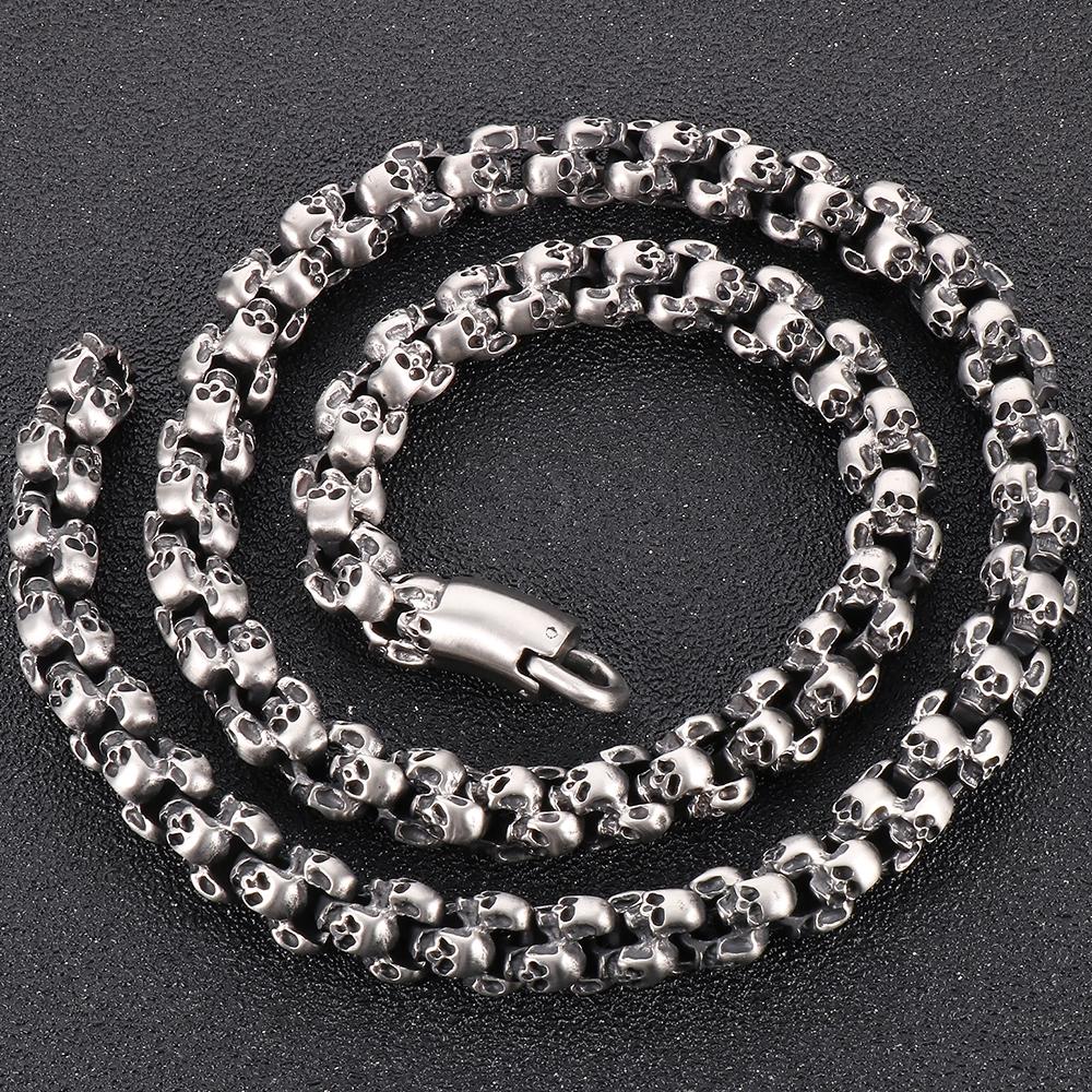 Мужское ожерелье в стиле панк-готика со всеми черепами, цепочка из цельной нержавеющей стали, скелет, ювелирные изделия, 50–70 см, длинное ожерелье, чокер для мужчин