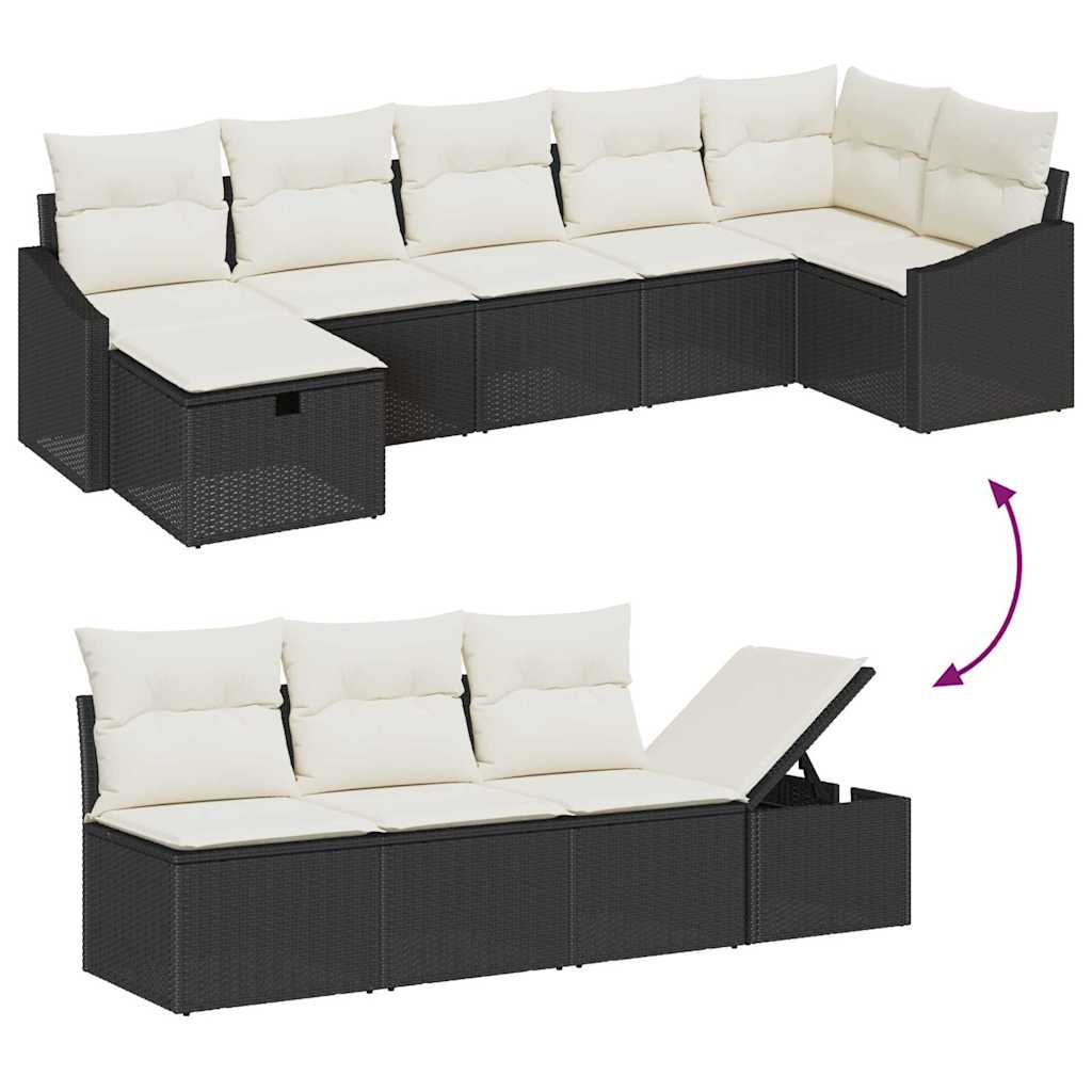 7 Piece Sofa Set with Cushions and Storage Black Poly Rattan