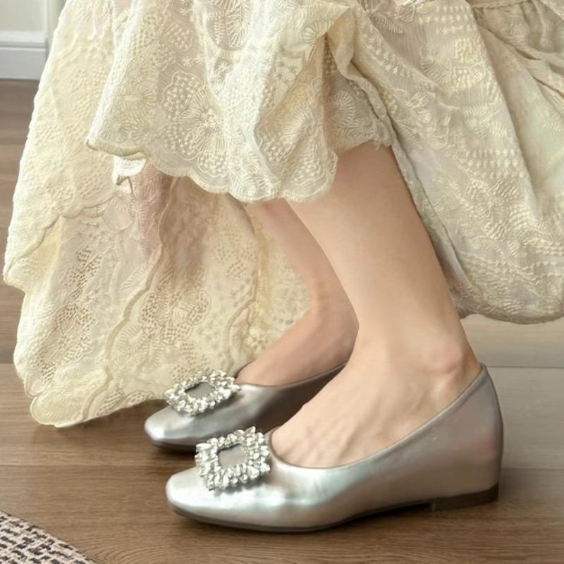 Fashion Inside Heightened Flat Shoes Summer New Square Toe Shallow Mouth Crystal Square Buckle Soft Sole Soft Leather Single Shoes