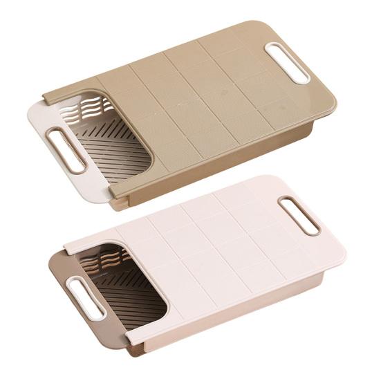 Cutting Board with Strainer Colander Retractable Plastic Board Extended Size Space-Saving with Handle Draining Tray for Kitchen