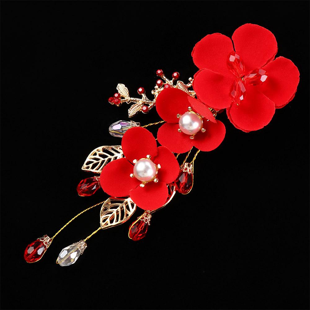 Sweet Crystal Leaf Hair Ornaments Pearl Red Flower Women Barrettes Festival Hairpins Chinese Hanfu Hair Clips Duckbill Clips