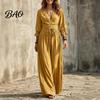 Daily Wear Lace Dress Women V-Neck for Fall, 3/4 Sleeves Maxi with Solid Color Belt, Loose Casual Long Vacation Three Quarter Sleeve
